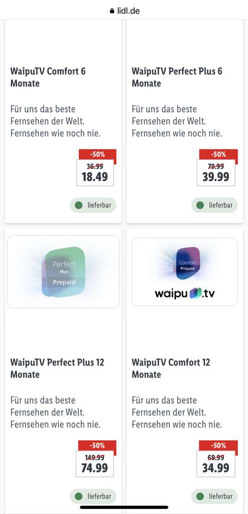 Lidl Online] 50% auf Waipu.tv Comfort/PerfectPlus 6 bzw. 12 Monate