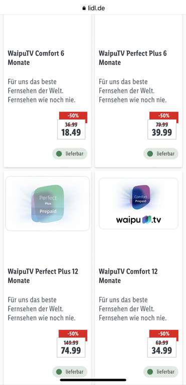 [Lidl Online] 50% auf Waipu.tv Comfort/PerfectPlus 6 bzw. 12 Monate