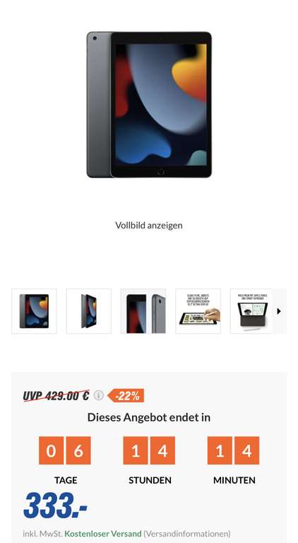 Apple iPad (9.Generation, 2021, 64GB) für 333€, Samsung GU65AU7179 (65 Zoll) für 555€, Dyson V8 Absolute (2 Jahre G.) für 333€ (expert)