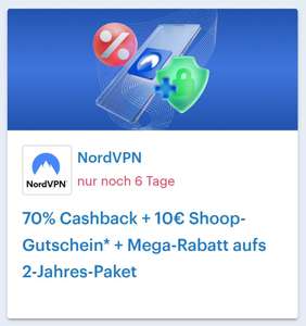 NordVPN 70% Cashback + 10€ Shoop-Gutschein* + Mega-Rabatt aufs 2-Jahres-Paket