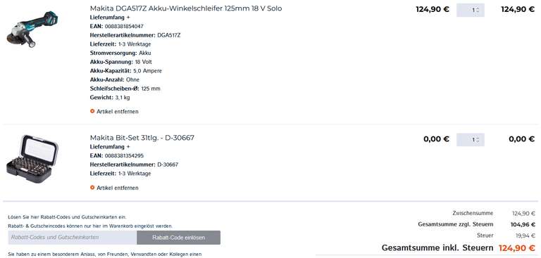 Makita DGA517Z Akku-Winkelschleifer 125mm 18 V Solo + Bit-Set 31tlg. D-30667