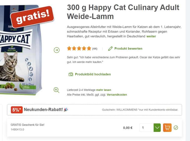 1,3kg Happy Cat und 2 x 300g Happy Cat Culinary Adult als kostenlose Zugabe für 12,49€ bei Zooplus