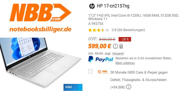 [Notebooksbilliger.de] HP Notebook HP 17-cn2157ng mit 17.3-Zoll Display, Intel i5-1235U, 16 GB RAM, 512 GB SSD & Windows 11