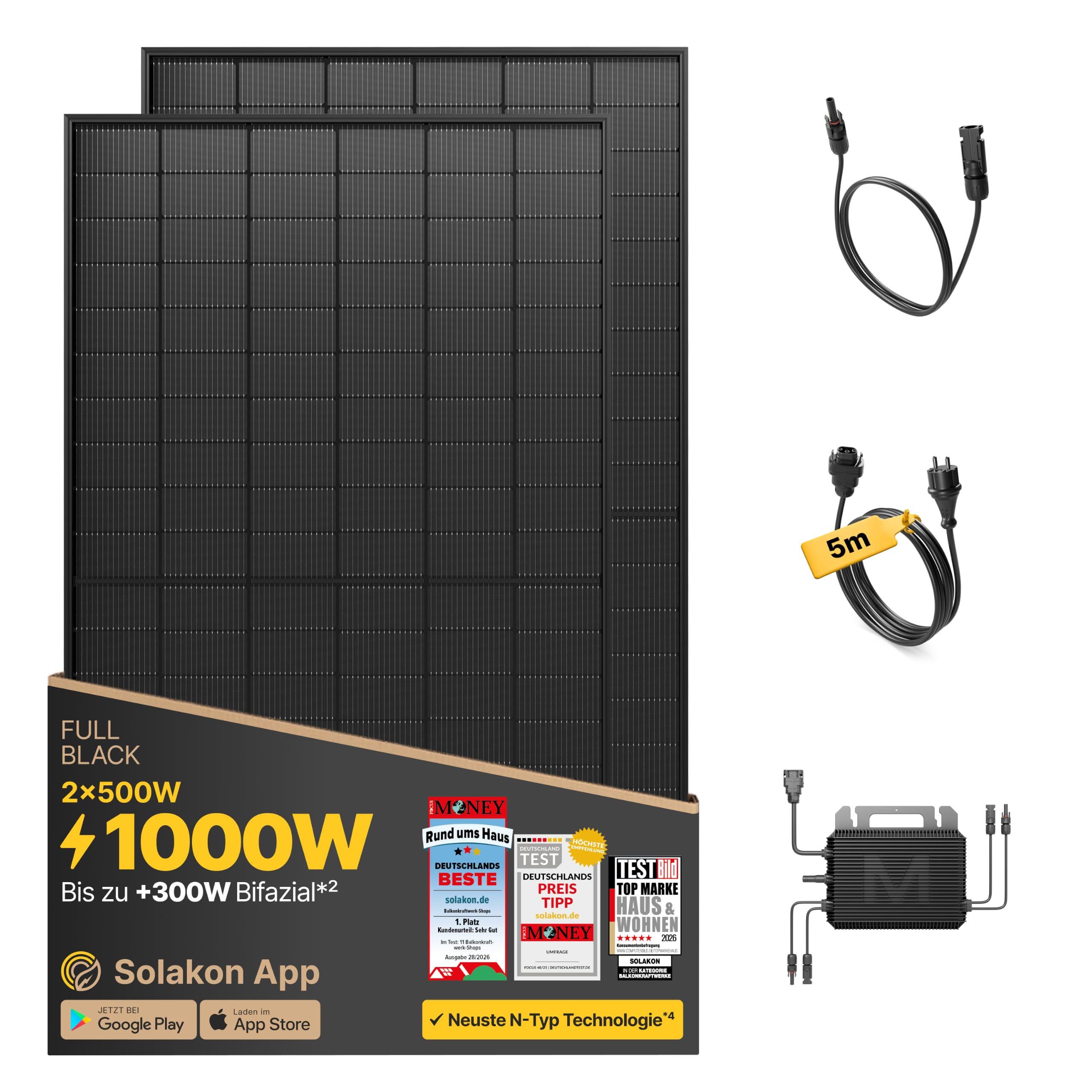 Amazon & Solakon - 1000W - Balkonkraftwerk - 800 Watt Wechselrichter inkl 5M Kabel für 229€, 900W Variante (VDE-konform) für nur 216,74€