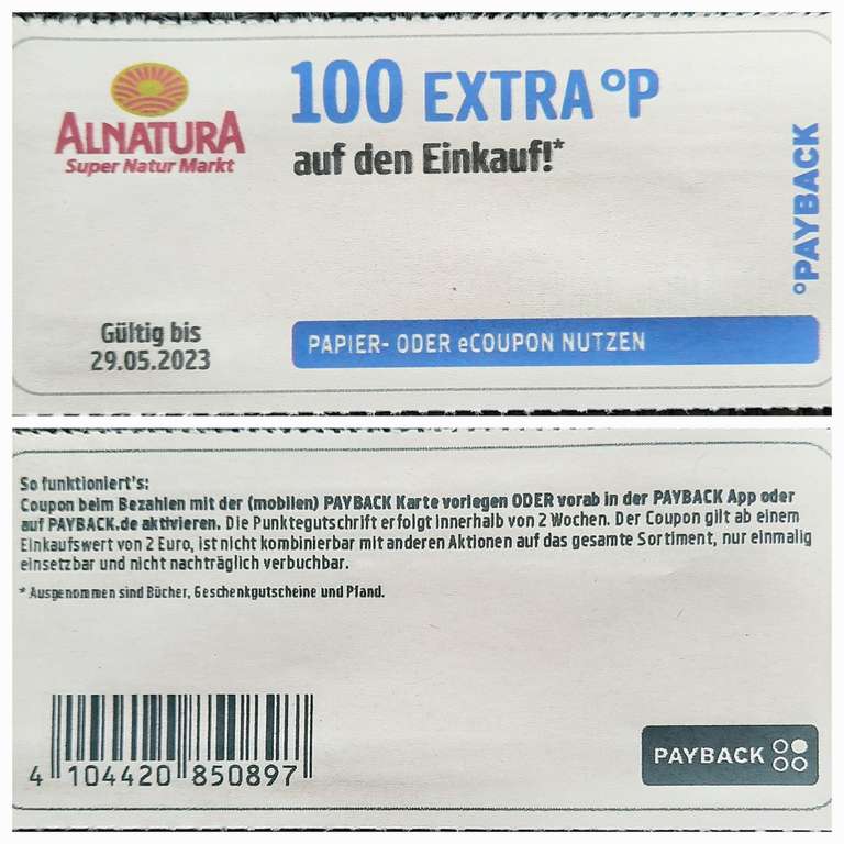 [Payback] 100 Extrapunkte auf den nächsten Einkauf bei Alnatura ab 2€ | gültig bis zum 29.05.23