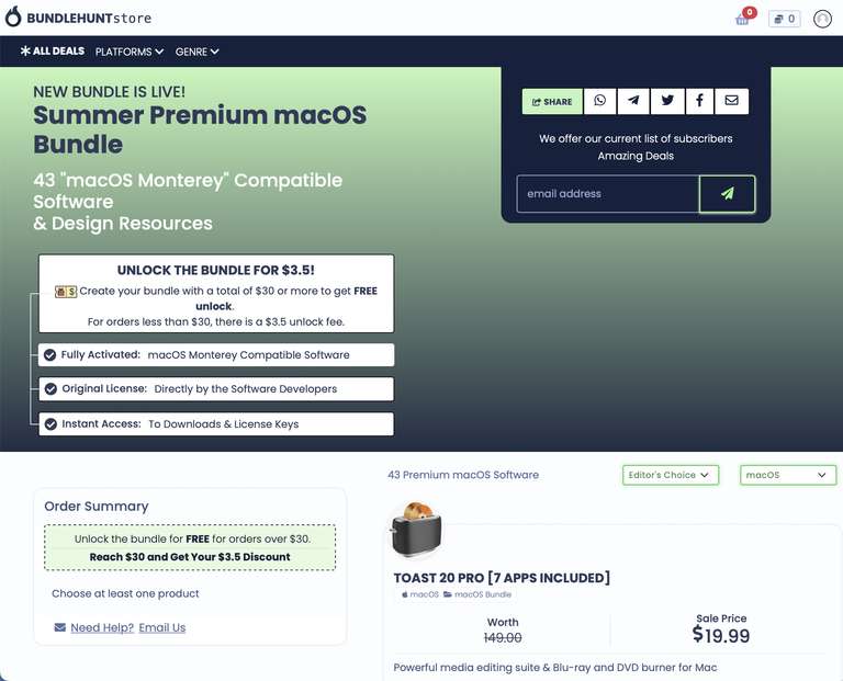 (MAC) Bundlehunt Summer Premium macOS Bundle mit bis zu 36 Apps - TOAST 20 PRO (inkl. WINZIP) gibts für nur 25€