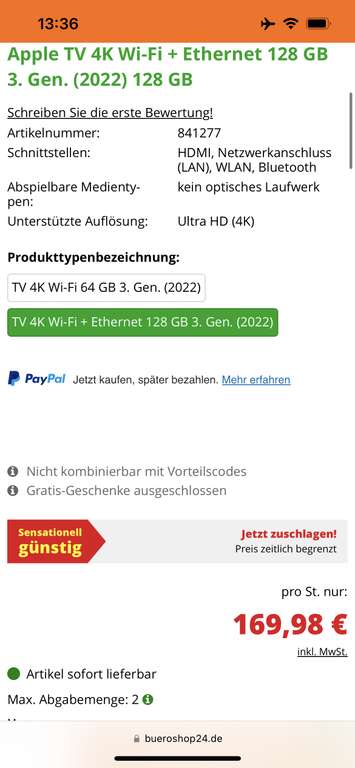 Apple TV 4K 2022 128GB Wifi + Ethernet (über Idealo PVG!)