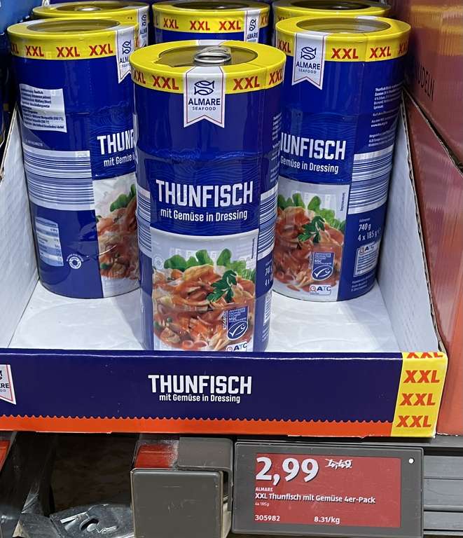 ( Aldi Süd Duisburg ) * Lokal * XXL Thunfisch mit Gemüse 4er Pack a 185g / Efes Dosenbier 0,5L 0,59€