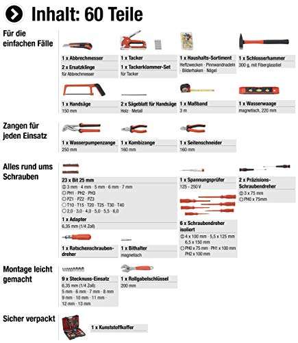 Meister Haushaltskoffer 60-teilig - Werkzeug-Set - Werkzeug für den täglichen Gebrauch / Werkzeugkoffer befüllt (Prime)