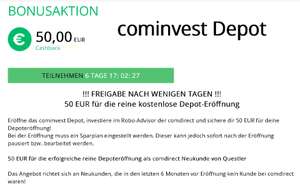 [Questler + cominvest] 50€ für Eröffnung cominvest Depot (RoboAdvisor) + optional 100€ für Sparplan, 12 Monate a 100€; Neukunden,eID möglich