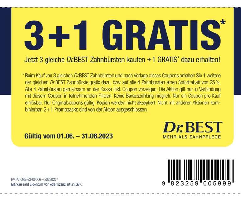 [Müller] 3+1 Coupon für Dr. Best Zahnbürsten für Müller bis 31.08.2023 in PDF zum Ausdrucken [Offline]