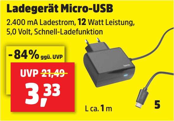 12 Volt KFZ-Ladekabel mit Micro-USB Stecker, Ladestrom bis zu 2,1A