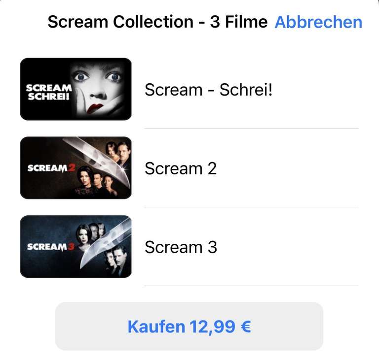 Scream 1-3 12,99€ Teil 1 in 4K (iTunes)