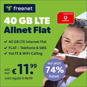 [Vodafone-Netz] freenet green LTE mit 40 GB LTE (100 Mbit/s) für mtl. 11,99€ + 19,99€ AG
