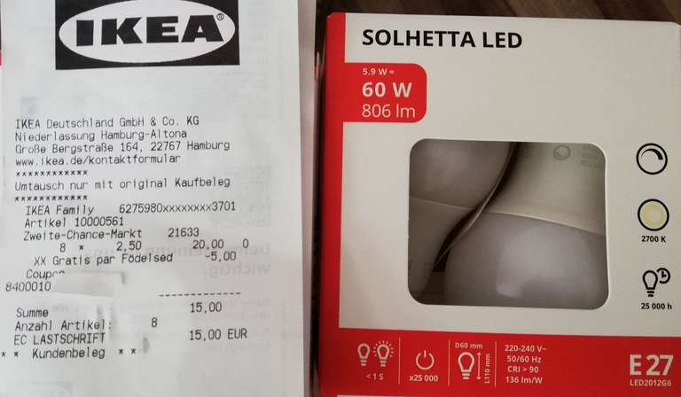 Lokal: IKEA Altona Zweite Chance - Solhetta E27 LED