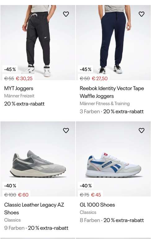 Reebok Mid Season Sale Bis zu 50 % Rabatt, dann weitere 20 % Rabatt bei einem Einkauf von 40 €