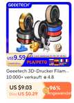 139° - (Personalisiert) Münzdeal bei Aliexpress: Geeetech Filament 1kg PETG schwarz für 2,88$/2,53€ - weiß für 3,08$/2,71€ - 3D Drucker