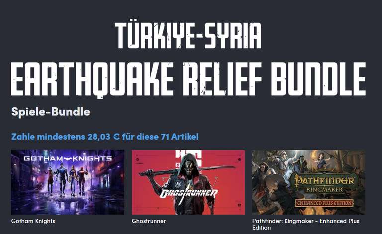 Türkiye-Syria Earthquake Relief Bundle Humble Steam Gotham Knights, Ghostrunner, Payday 2, Ticket To Ride, System Shock Euro Truck Simulator