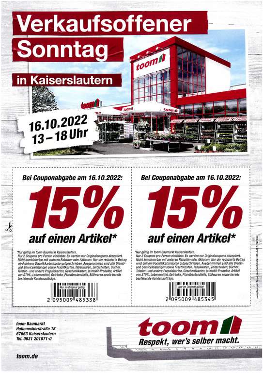 [Lokal] [Toom Baumarkt] Kaiserslautern 2 x 15% Coupons auf je einen Artikel gültig am verkaufsoffenen Sonntag 16.10. 13-18 Uhr