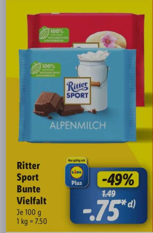 [Lidl Plus] Ritter Sport Schokolade 100g, verschiedene Sorten