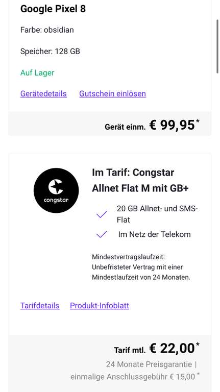 DeinHandy Congstar Allnet Flat M 20 mit GB+ Google Pixel 8 128 GB 99,95€