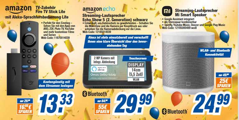 [lokal | Expert-HEM] Amazon Fire TV Stick Lite Alexa-Sprachfernbedienung für 13,33€ | Echo Show 5 29,99€ | Xiaomi Mi Smart Speaker 24,99€