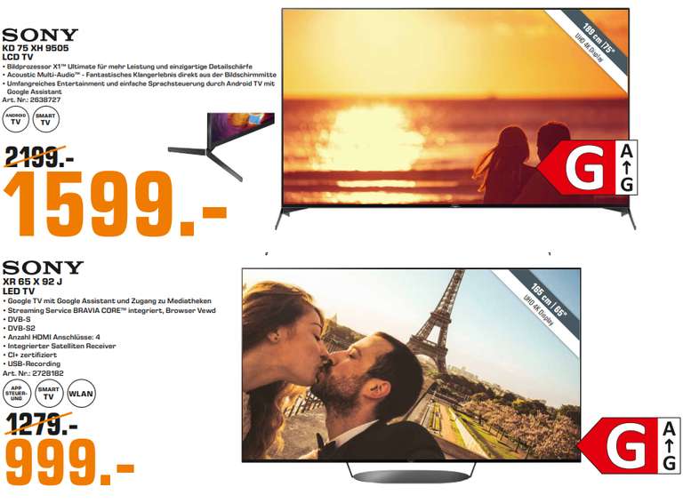 [lokal | Saturn Stuttgart] Sony XR-65X92J - 65" 4K Smart TV für 999€ + 150€ Cashback (effektiv 849€) | KD-75XH9505 75" für 1.599€