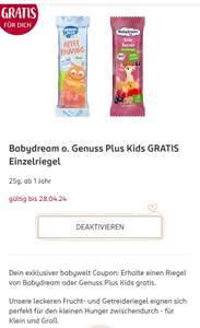 [Rossmann Babywelt] gratis Babydream / Genuss Plus Kids Einzelriegel (personalisiert)