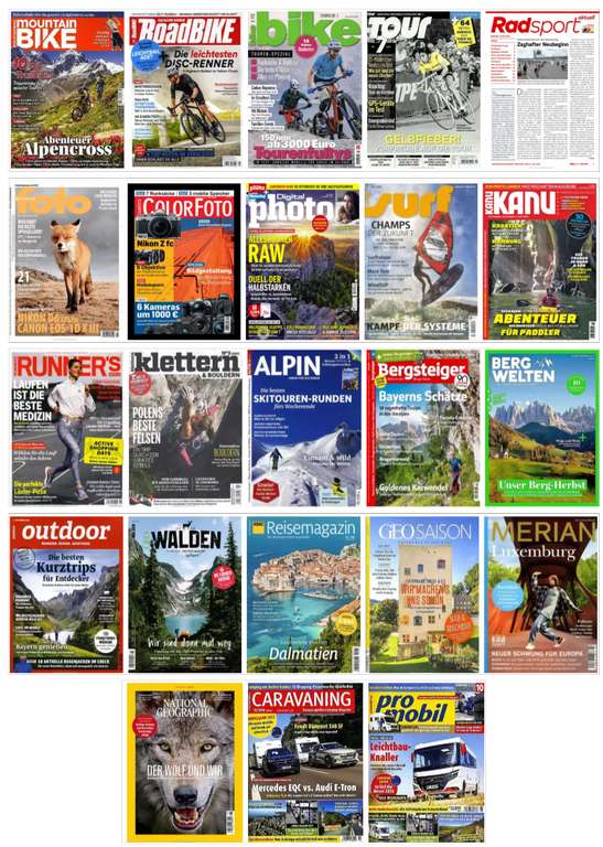 23 Zeitschriftenabos zum Sommeranfang mit bis zu 46,67% Rabatt: Outdoor, Reisen, MTB & Camping | bike, Bergsteiger, Alpin, promobil,klettern