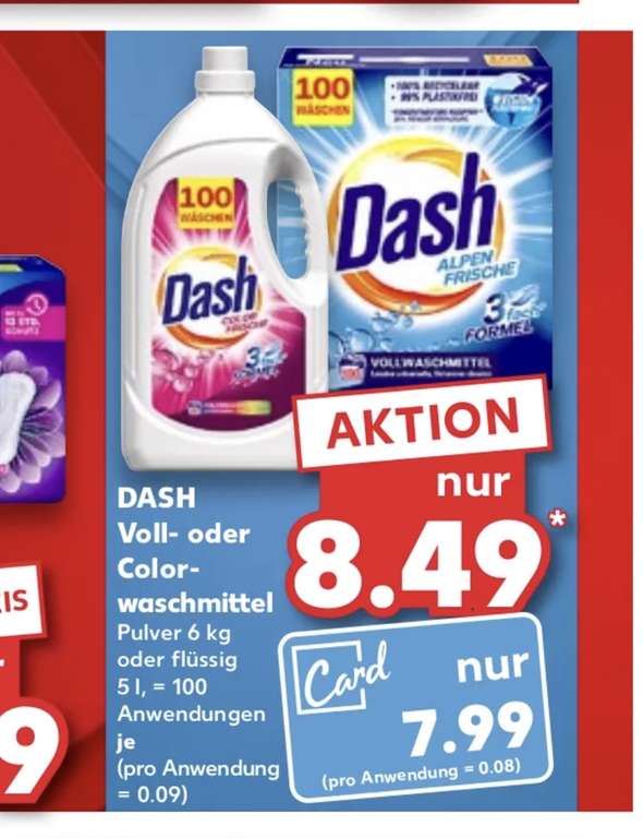 [Kaufland] Dash Voll-/Colorwaschmittel, Pulver oder flüssig, 100 Anwendungen