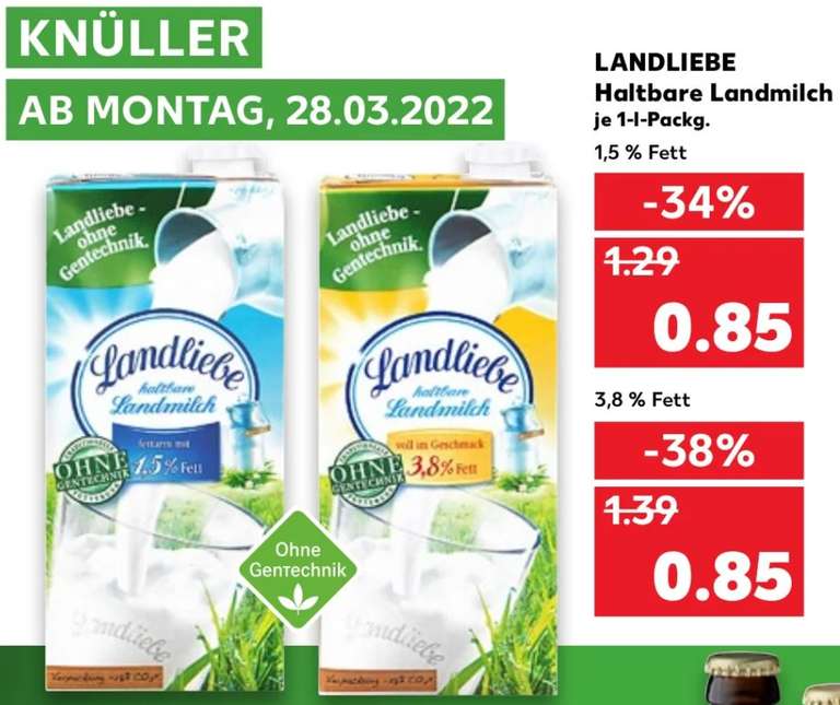 [Kaufland Sammeldeal] Landliebe Landmilch in 1,5% und 3,8% Fett, 1L-Packung ab 0,77€
