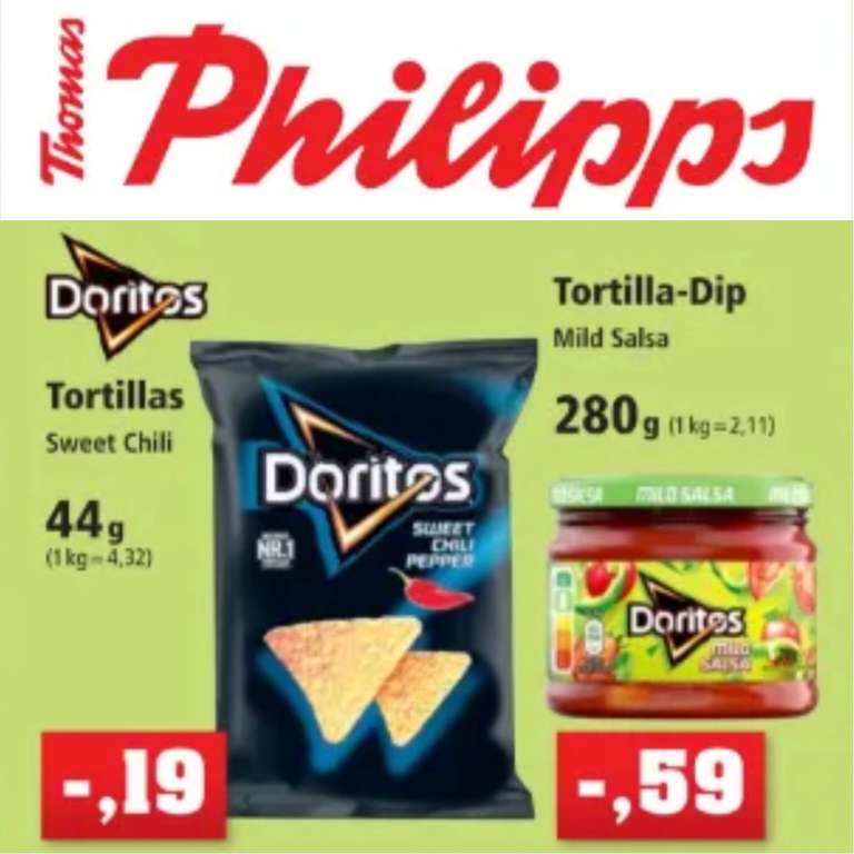 [THOMAS PHILIPPS] Doritos 44g Sweet Chili Tortillas für 4,32 €/kg & Salsa Dip für 59 Cent/280g (kz. MHD!)