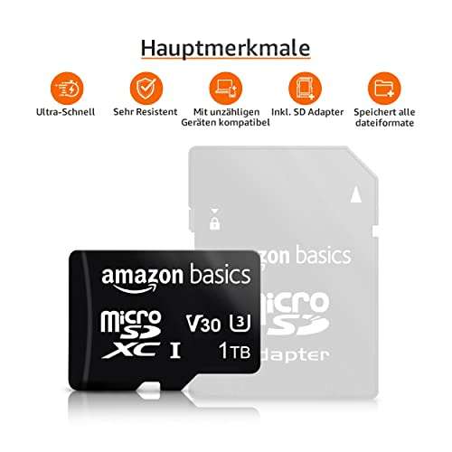 Amazon Basics - MicroSDXC, 1 TB, mit SD-Adapter, A2, U3, lesegeschwindigkeit von bis zu 100 Mbit/s