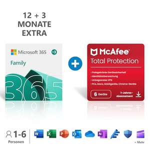 M365 Microsoft 365 Family + McAfee/Norton für 15 Monate zum vergünstigen Preis bei Amazon