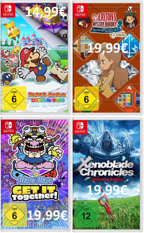 Nintendo Switch-Spiele: Paper Mario für 14,99€ oder Layton's Mystery Journey, WarioWare, Xenoblade Chronicles je 19,99€ (+ 5,99€ VSK)