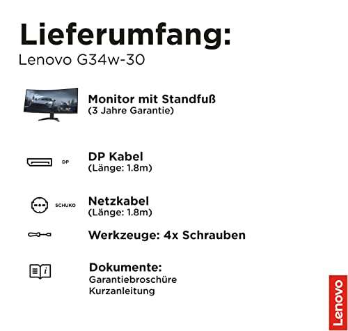 Lenovo G34w-30 | 34" QHD Gaming Monitor | 3440x1440 | 165Hz | 0,5ms Reaktionszeit | HDMI | DisplayPort | AMD Radeon FS| integr. Lautsprecher