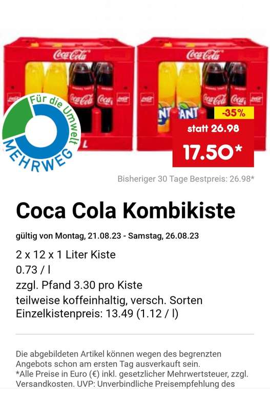 Lokal Netto Coca Cola 2 x 12 x 1l Kiste 0,73/l zzgl Pfand