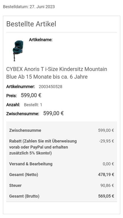 Cybex Anoris T Kindersitz mit Airbag (Preis durch Vorkasse, sonst 599€)