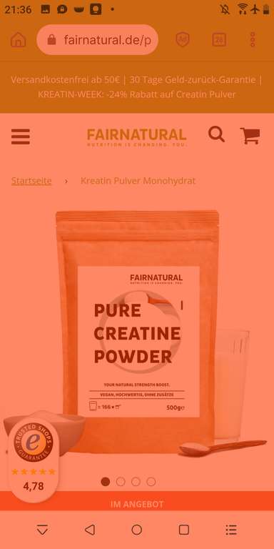 Pure Creatine Monohydrate Pulver 500g Fairnatural - 32%