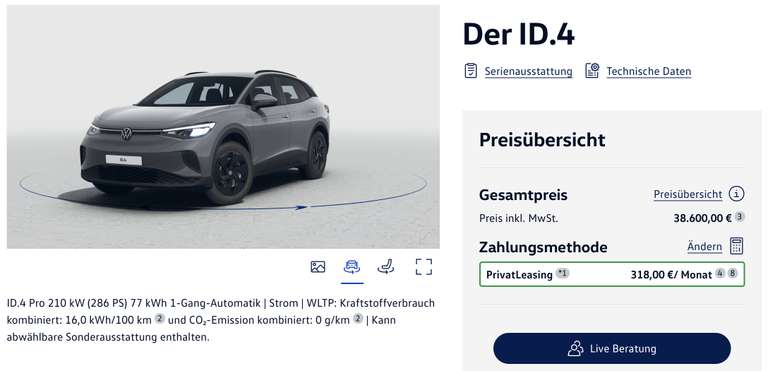 VW ID.4 Pure ab 32.600€ oder Pro ab 38.600€