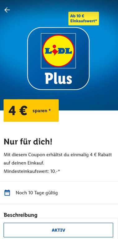 Lidl Plus App: 4€ Gutschein ab 10€ Einkaufswert [Personalisiert]
