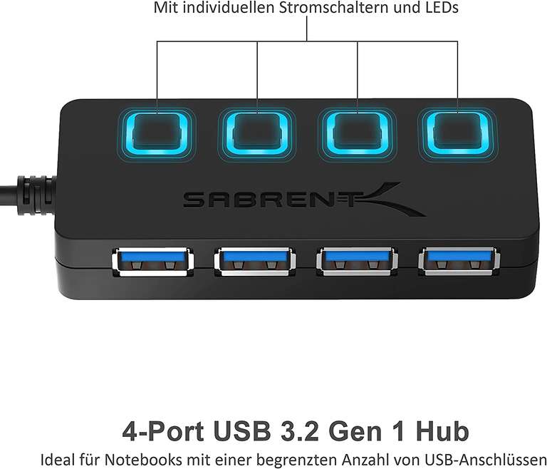 [Prime] Sabrent USB 3.2 Gen1 Hub | 4 Port USB-Hub | mit individuellen Ein-/Ausschaltern | max. 5Gbit/s über alle Ports zusammen