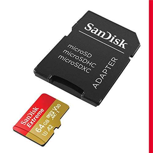 SanDisk Extreme microSDXC UHS-I Speicherkarte 64 GB + Adapter (Rot/Gold, A2, C10, V30, U3, 160 MB/s Übertragung, Rescue Pro Deluxe)