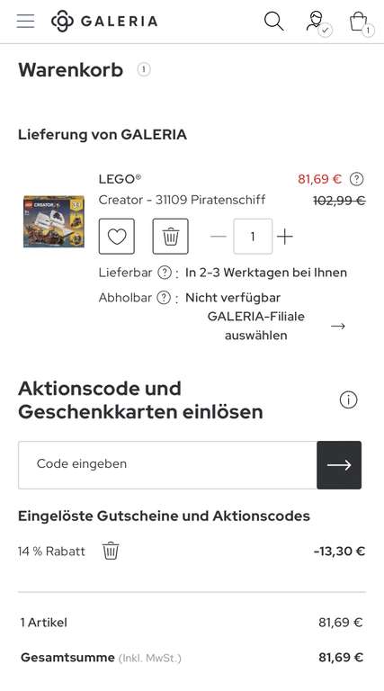 (personalisiert) Lego Piratenschiff 31109 Galeria 81,69€