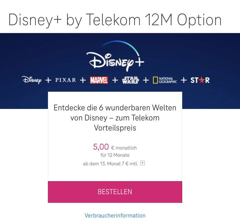Disney Plus Jahresabo für 5€/Monate für Telekom Festnetz Kunden
