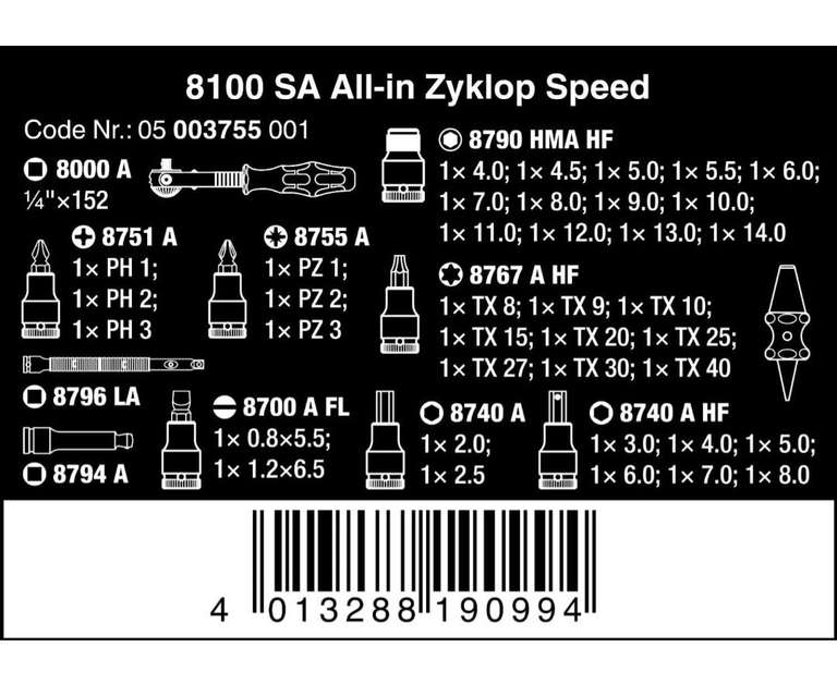 Wera 8100 SA All-in Zyklop Speed-Knarrensatz, 1/4-Antrieb, metrisch, 42-teilig, Versandkostenfrei