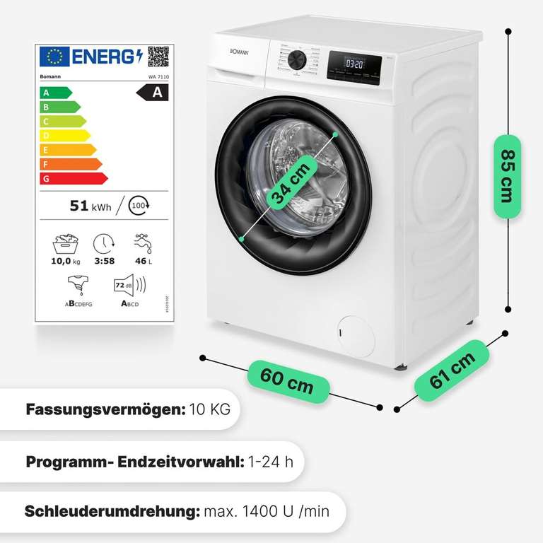 Bomann Waschmaschine 10kg WA 7110 | max. 1400 U/min | 10 Jahre Motor-Garantie | effizienter & leiser Invertermotor | 15 Programme [A]