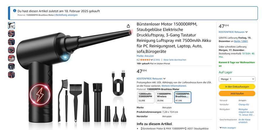 T150 Druckluftgebläse Air Duster 110000 U/min Starkes