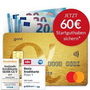 [Advanzia Bank] Mastercard Gold Kreditkarte · 60€ Startguthaben · dauerhaft kostenlos · weltweit gebührenfrei bezahlen · Versicherungspaket