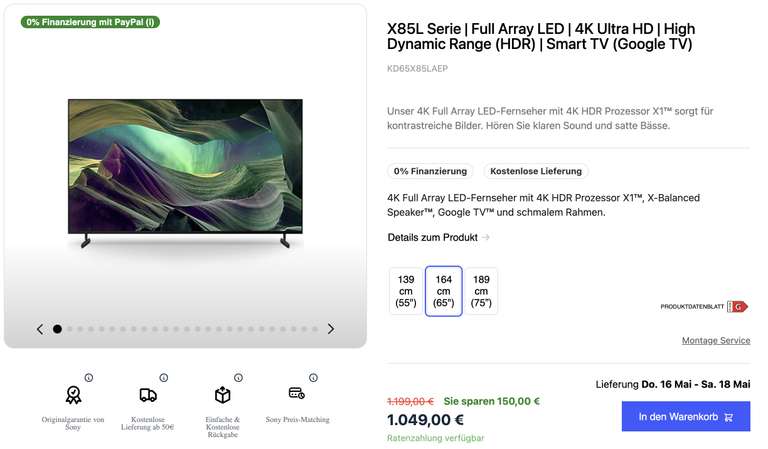 Sony Bravia KD-65X85L | Full Array LED | 4K Ultra HD | High Dynamic Range | Google TV [Corporate Benefits]